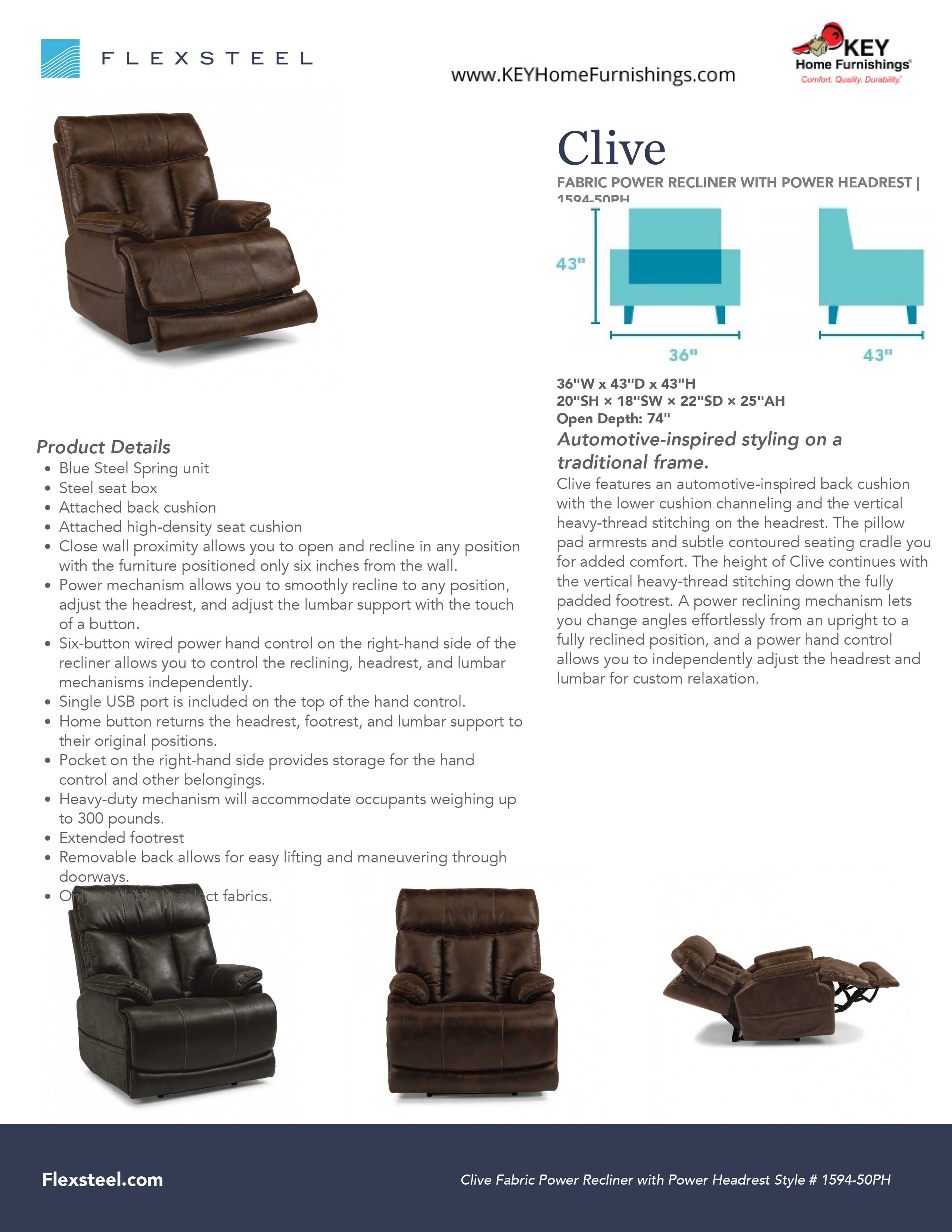 Flexsteel Furniture 1594-50PH details and dimensions
