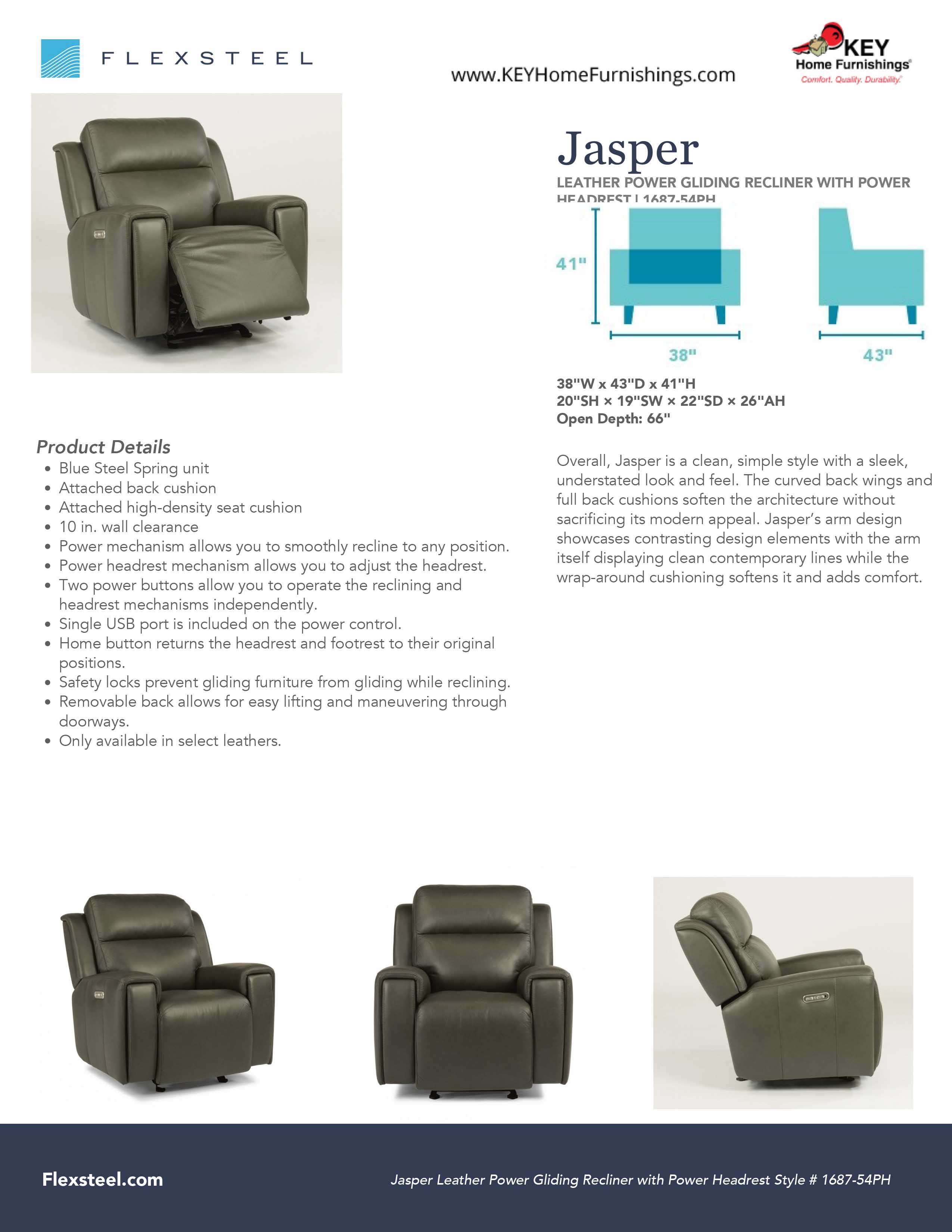 Flexsteel Furniture 1687-54PH details and dimensions